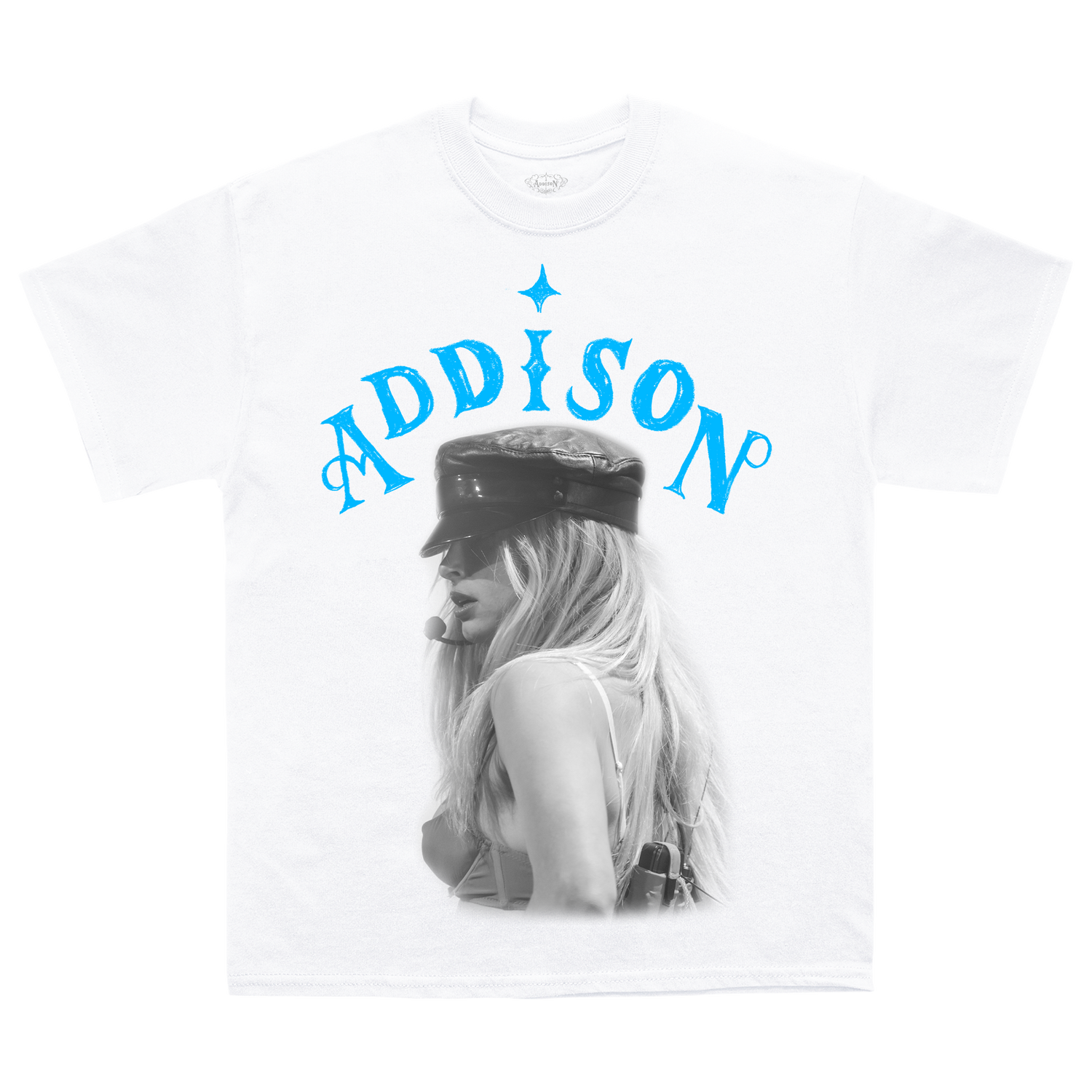 White t-shirt with a graphic of Addison Rae and the name 'Addison' in blue text.